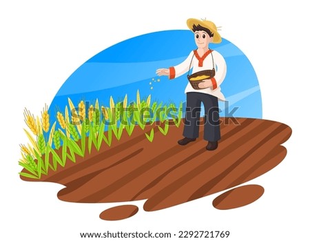 Farmer sowing wheat grains in a wheat field. Farming and agriculture cartoon flat concept illustration. Isolated on white background. Stock vector. Royalty-Free Stock Photo #2292721769