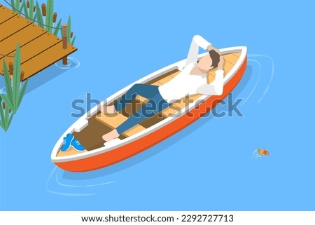 3D Isometric Flat Vector Conceptual Illustration of Relaxing Lying On Boat, Active Lifestyle and Recreation