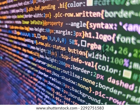 P. CSS, JavaScript and HTML usage. Software engineer at work. S. Website programming code. Web or application development, business and technology concept