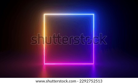3d render, abstract geometric background with neon square frame glowing with gradient light in the dark. Futuristic showcase for product presentation
