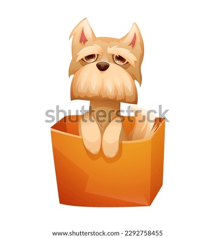 Realistic cute pet. Colorful sticker with funny fluffy terrier puppy sitting in box. Portrait of charming little dog. Beautiful animal. Cartoon vector illustration isolated on white background