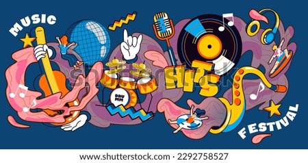 Music festival concept. Drums, guitar and microphone, vinyl record, headphones. Abstract poster or banner with musical instruments. Holiday and event. Cartoon flat vector illustration