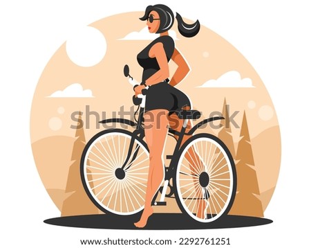 Woman with a bicycle. A female cyclist stands with a bicycle at the edge of the forest. Cycling concept. Vector graphics