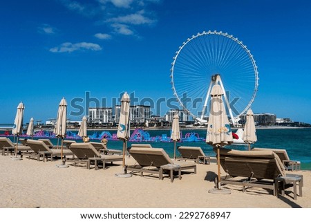 Early morning view of Ain Dubai Observation Wheel on BlueWaters Island off the coast by JBR beach Royalty-Free Stock Photo #2292768947