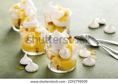 Lemon meringue and pound cake trifle in a glass, idividual dessert idea