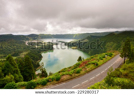 Panoramic view of the lake of Sete Cidades, Azores, Portugal. Viewpoint Vista do Rei at Sao Miguel. Royalty-Free Stock Photo #229280317