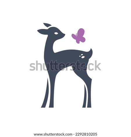 Cute baby deer playing with butterfly. Elegant young deer silhouette mascot. Cute deer vector illustration. 