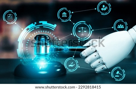 AI related law concept shown by robot hand using lawyer working tools in lawyers office with legal astute icons depicting artificial intelligence law and online technology of legal law regulations Royalty-Free Stock Photo #2292818415