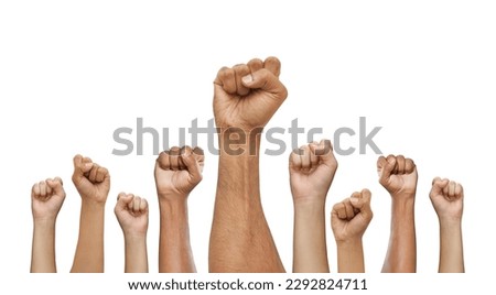 Hands raised up man and women isolated on white, Human equal rights , labor day, right for freedom, election, power of common people. 