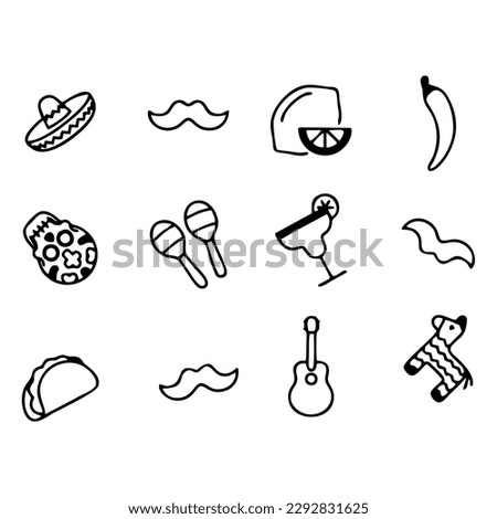 Cinco de Mayo celebration in Mexico, icons set, design element, flat style.Collection objects for Cinco de Mayo parade with pinata, food, sambrero, tequila, cactus, flag. Vector illustration, clip art