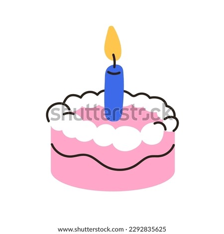 First 1st year birthday cake with one candle. Small sweet dessert for baby. Yummy holiday confectionery for childish kids anniversary party. Flat vector illustration isolated on white background