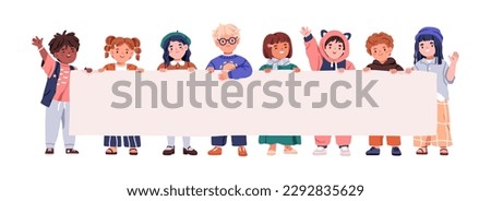 Happy kids holding blank banner. Cute children with advertising board background in hand. Little smiling girls and boys, horizontal paper placard. Flat vector illustration isolated on white background