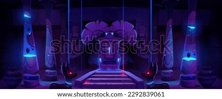 Futuristic dark pharaoh throne room with neon blue light. Vector cartoon illustration of antique palace with guard and anubis statues, cracked stone pillars and ancient vases. Mystique temple interior