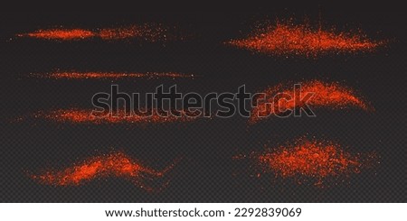 Realistic set of paprika powder sprinkled isolated on transparent background. Vector illustration of red chili pepper top view. Hot seasoning, sweet spicy food condiment. Mexican cuisine ingredient