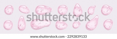 Liquid drops of gel, cosmetic serum or soap. Swatches of clear beauty product, pink skincare gel in top view isolated on transparent background, vector realistic illustration Royalty-Free Stock Photo #2292839133