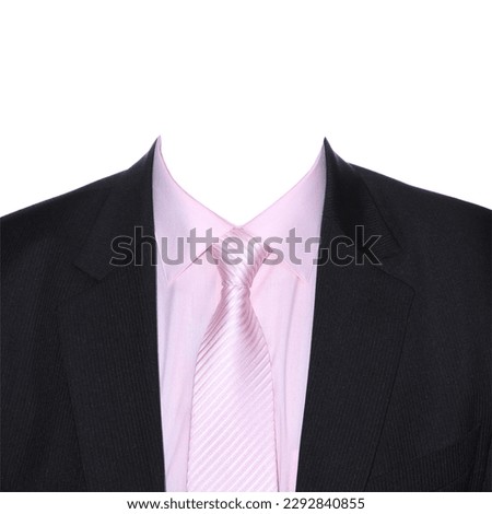 Black men's suit with pink shirt and tie. Suit on a white background for image editing. Men's clothing template.