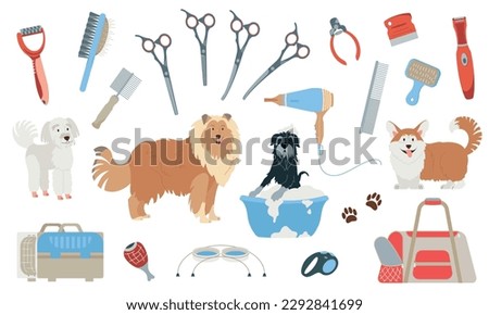 Dog grooming icons set with barber style symbols flat isolated vector illustration Royalty-Free Stock Photo #2292841699