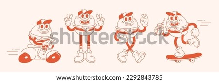 Burger retro cartoon fast food stickers. Comic character with happy smile face and other elements for burger bar, cafe, restaurant. Groovy funky vector illustration in trendy retro cartoon style. Royalty-Free Stock Photo #2292843785