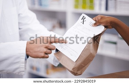 Bag, medicine or pharmacist hands a person healthcare prescription, pointing or pharmacy receipt. Zoom, shopping or doctor giving customer products, instruction or package for medical retail services Royalty-Free Stock Photo #2292845019