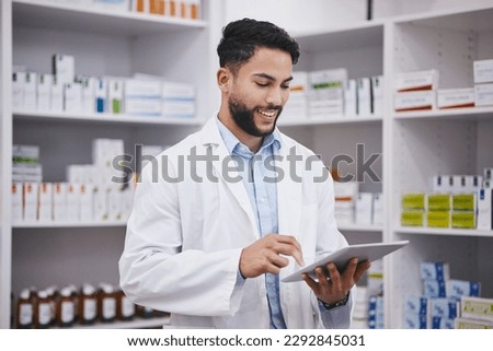 Pharmacy, happy man or doctor reading tablet medicine or checking medical prescription pills on shelf. Digital or pharmacist with online checklist on clinic shelves or drugstore inventory storage