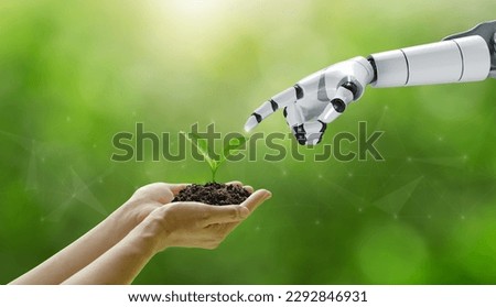 environment Earth Day. Hands holding trees growing with a robotic hand touching the tree collaboration between humans and technology to protect the environment together. Environmental technology.SDGs. Royalty-Free Stock Photo #2292846931