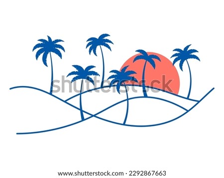 Line landscape outline with palm trees and rising sun on a white background. Summer tropical landscape in a minimalist style. Design for printing t-shirt and banner. Vector illustration