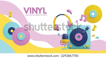 Vinyl record player horizontal banner in cute 3d style, vector illustration on white background. Colorful turntable, LP record, headphones and microphone. Concepts of Dj and podcast.