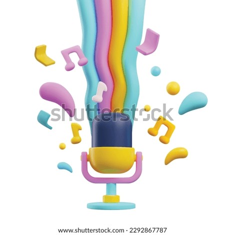 Colorful microphone with flying music notes and rainbow in cute 3d style, vector illustration isolated on white. Podcast or radio interview design. Concepts of karaoke and entertainment.