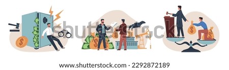 Corruption scenes. Concealment of income and tax evasion, judge bribery, financial fraud, people illegal activities, crimes for money, cartoon flat isolated illustration. Nowaday vector set Royalty-Free Stock Photo #2292872189