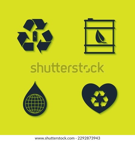 Set Battery with recycle, Eco friendly heart, Earth planet in water drop and Bio fuel barrel icon. Vector