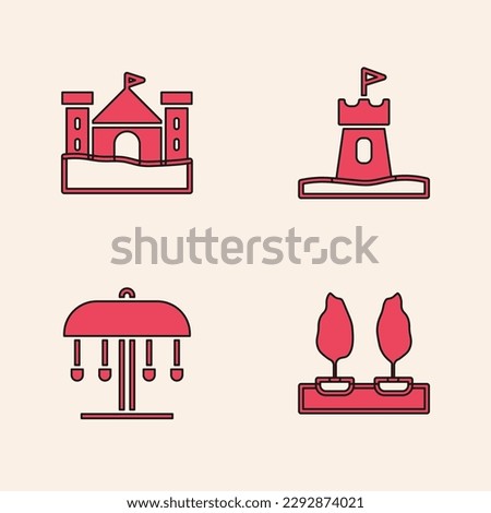 Set Forest, Sand castle, tower and Attraction carousel icon. Vector