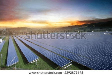 Solar panels on sky background, solar power plant, blue solar panels, renewable energy source, solar farm