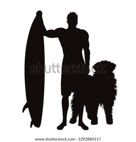 Vector silhouette of man with surfboard and his happy dog on white background. Symbol of sport and pet.