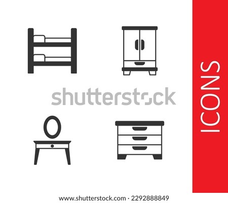 Set Chest of drawers, Bunk bed, Dressing table and Wardrobe icon. Vector