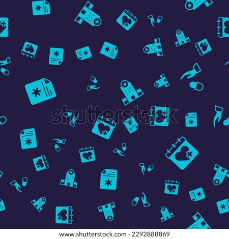 Set Patient record, Medical prescription, Hospital building and Doctor appointment on seamless pattern. Vector