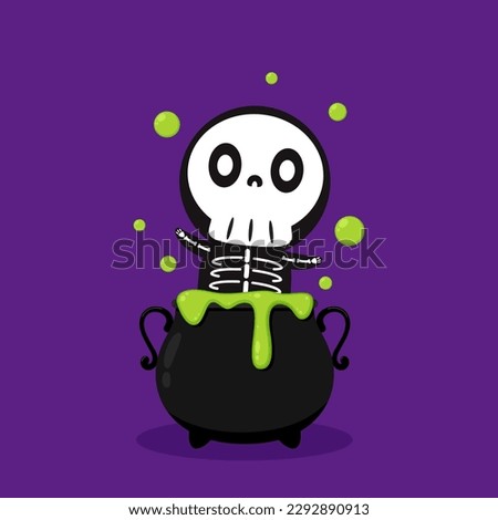 Halloween witches violet cauldron with poison potion isolated on purple background. Vector Illustration of a Witch's Cauldron. Skull mascot.