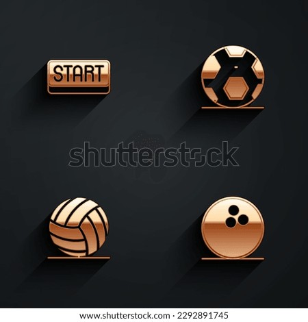 Set Ribbon in finishing line, Soccer football ball, Volleyball and Bowling icon with long shadow. Vector