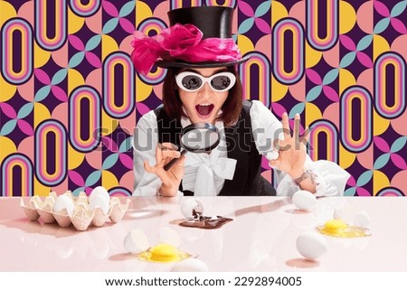 Creating masterpiece. Emotional, excited woman in cylinder and sunglasses looking in magnifying glass on eggs with chocolate spilling out. Pattern multicolored background. Pop art, creativity, food