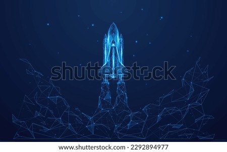 Abstract space shuttle launches into space. Glowing rocket and smoke under it. Digital start-up and success concept. Low poly wireframe 3D vector illustration in technology blue on a dark background. Royalty-Free Stock Photo #2292894977