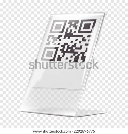Plexi stand vector mock-up. Transparent L-shaped QR code holder mockup. Clear acrylic desk counter information display template Royalty-Free Stock Photo #2292896775