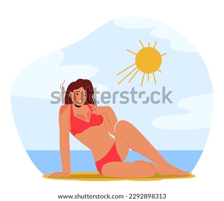 Woman In Pain With Skin Sunburn On Beach, Female Character with Red And Irritated Skin With Blisters And Discomfort Due To Overexposure To The Sun's Harmful Uv Rays. Cartoon People Vector Illustration Royalty-Free Stock Photo #2292898313