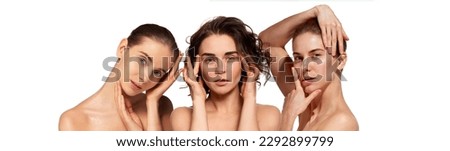 Collage. Three beautiful young women with healthy, clear, spotless face without makeup over white background. Spa care. Concept of natural beauty, skin care, cosmetology, cosmetics, health, wellness