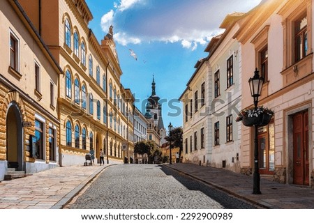 Medieval Town Pisek and historic old street in Southern Bohemia, Czech Republic. Pisek has the oldest preserved early Gothic bridge in the Czech republic. Royalty-Free Stock Photo #2292900989