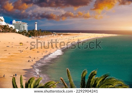 Morro Jable, Fuerteventura, Spain. Breathtaking beach Playa del Matorral in the rays of the sunset. Morro Jable and Playa del Matorral, Fuerteventura, Canary Islands, Spain, Atlantic, Europe Royalty-Free Stock Photo #2292904241
