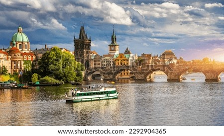Charles Bridge sunset view of the Old Town pier architecture, Charles Bridge over Vltava river in Prague, Czechia. Old Town of Prague with Charles Bridge, Prague, Czech Republic. Royalty-Free Stock Photo #2292904365
