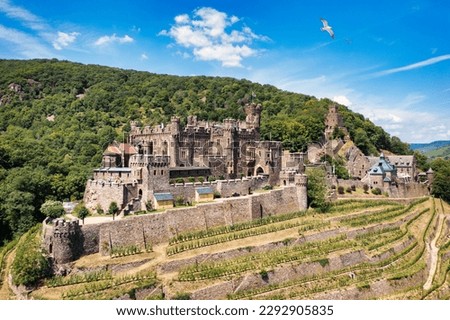 Reichenstein Castle with Clemenskapelle, Trechtingshausen on the Rhine river. Middle Rhine Valley, Rhineland-Palatinate, Germany, Europe. Reichenstein castle in the valley of medieval castles. Royalty-Free Stock Photo #2292905835