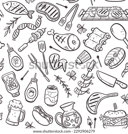 Barbecue party seamless pattern with meat, burgers, sausages and barbecue utensils. Isolated doodle elements on white background. Hand-drawn vector illustration.