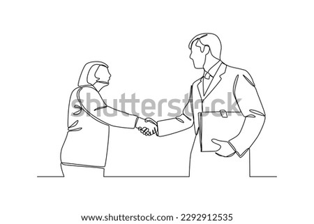 Continuous one line drawing customers shake hands making deal for insurance. Insurance concept. Single line draw design vector graphic illustration. Royalty-Free Stock Photo #2292912535