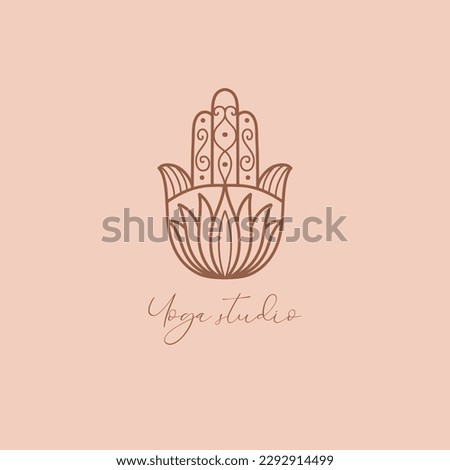 Logo hamsa for the studio of yoga and spiritual practices. Hamsa icon symbolizing protection and amulet. Vector illustration. Royalty-Free Stock Photo #2292914499