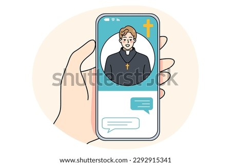 Person hold cellphone have video call with priest. Human talk speak on webcam event with monk or preacher. Concept of online religion service or application. Vector illustration. Royalty-Free Stock Photo #2292915341